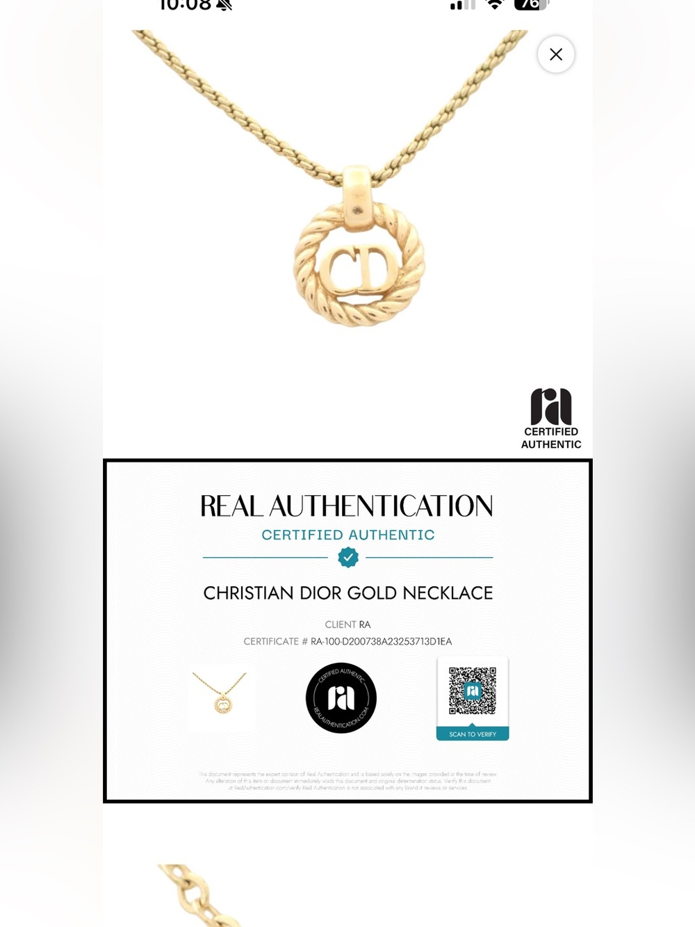 Vintage plated Christian Dior Gold CD Rope Pendant Necklace